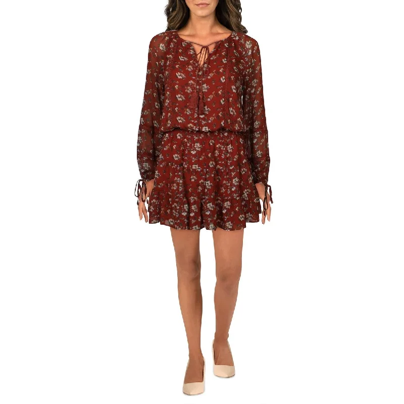 Le Marais Womens Floral Print Crochet Trim Mini Dress