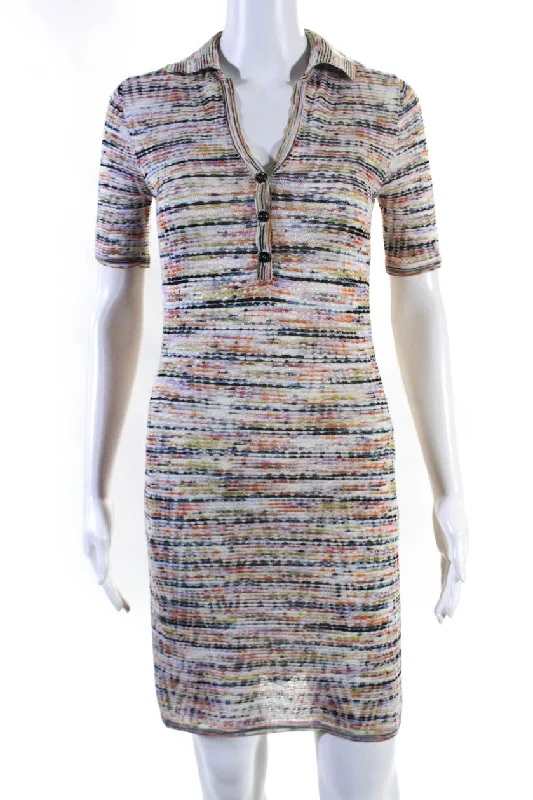 35) Missoni Womens Collared V Neck Short Sleeve Knitted Midi Dress Multi