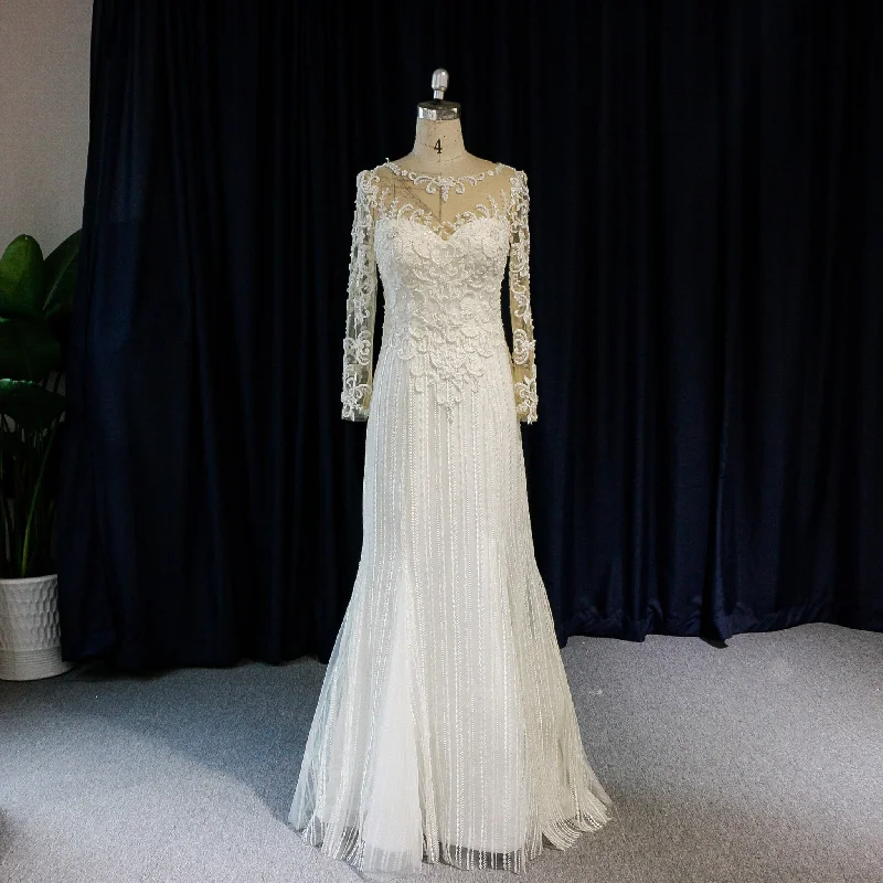 Long Sleeve Lace Fit And Flare Beading Illusion Wedding Dress