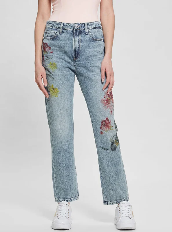 Mid-Rise Girly Straight Leg Denim Jeans in Mid-Wash