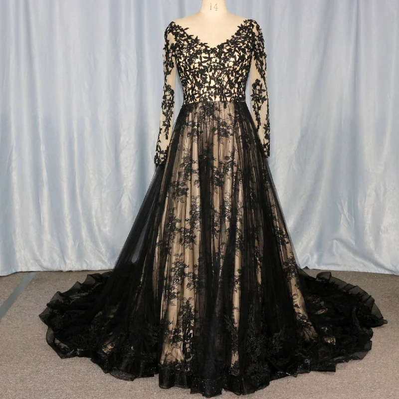 Mix Black Champagne Bride Wedding Dress with Long Sleeve