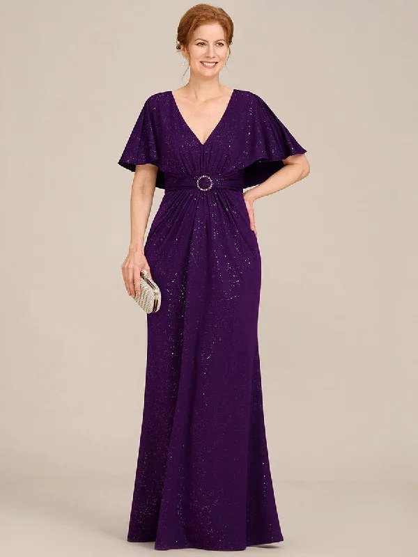 Susan |Sparkling V Neck Ruffled Batwing Sleeve Mother of the Bride Dress