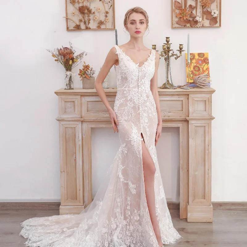 Off Shoulder V-neck Lace Bridal Wedding Dress with Center Slit