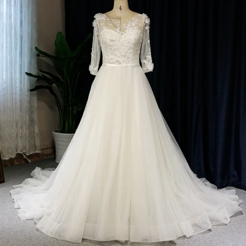 Modest Illusion A Line Wedding Dresses & Gowns with 3/4 Sleeves