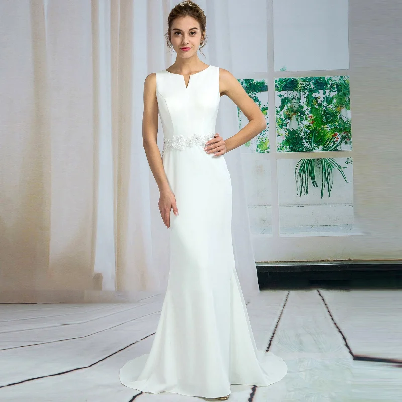 High Boat-Neck & Back Simple Satin Wedding Dress Mermaid Skirt