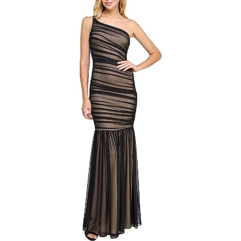 Juniors Womens Ruched Mesh Evening Dress