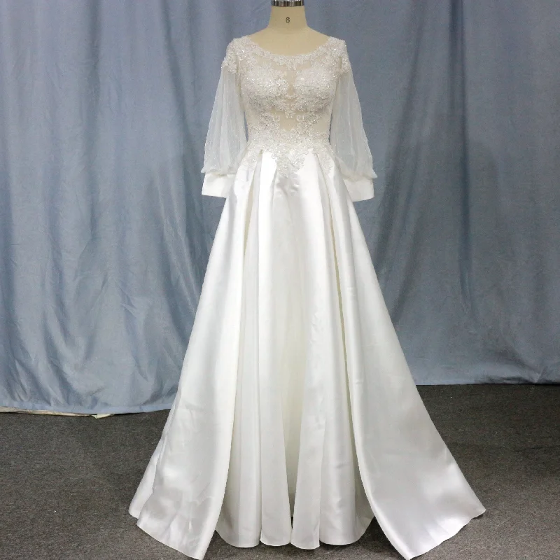 Simple Satin&Lace Lantern Sleeve Wedding Dress Illusion