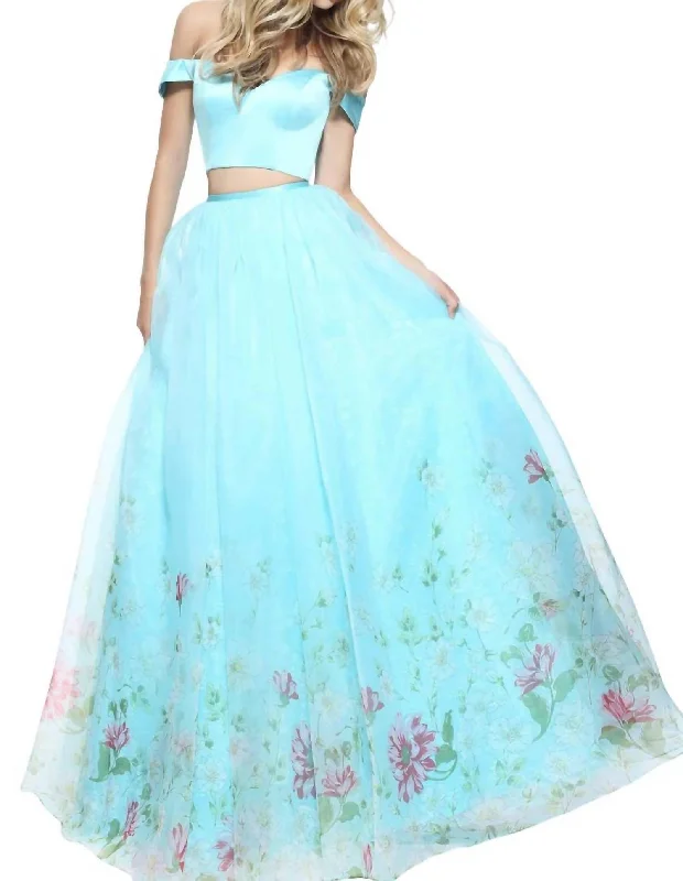 Organza Prom Dress In Aqua Print