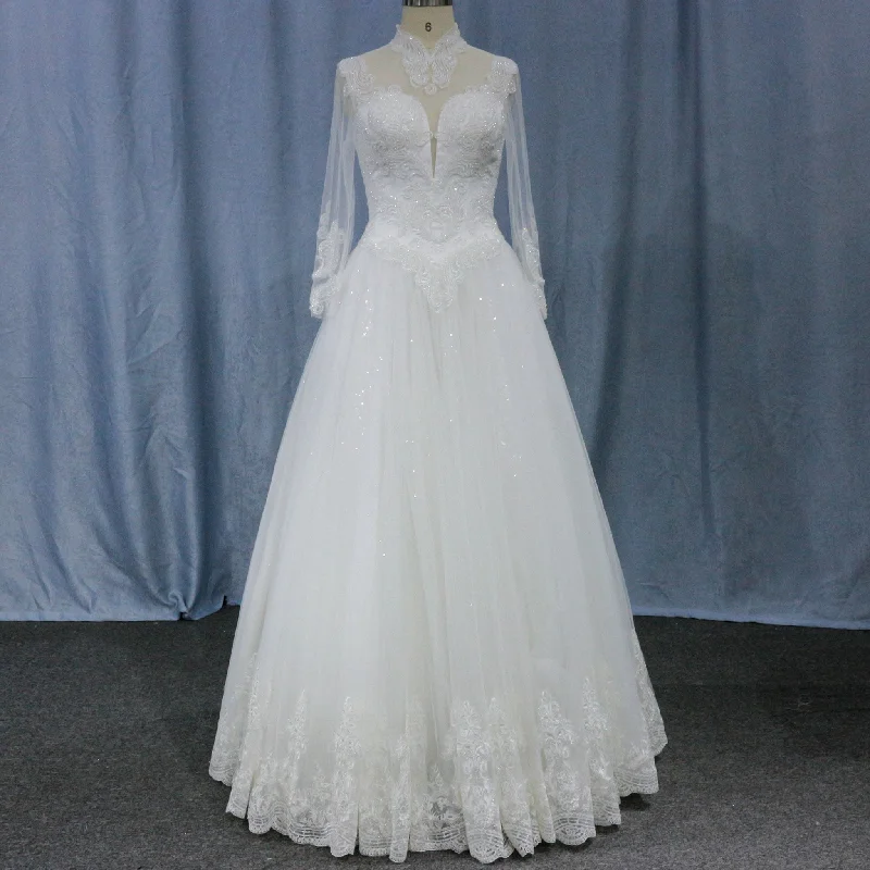 Sheer High Neck Long Sleeves A-line Bridal Wedding Dress