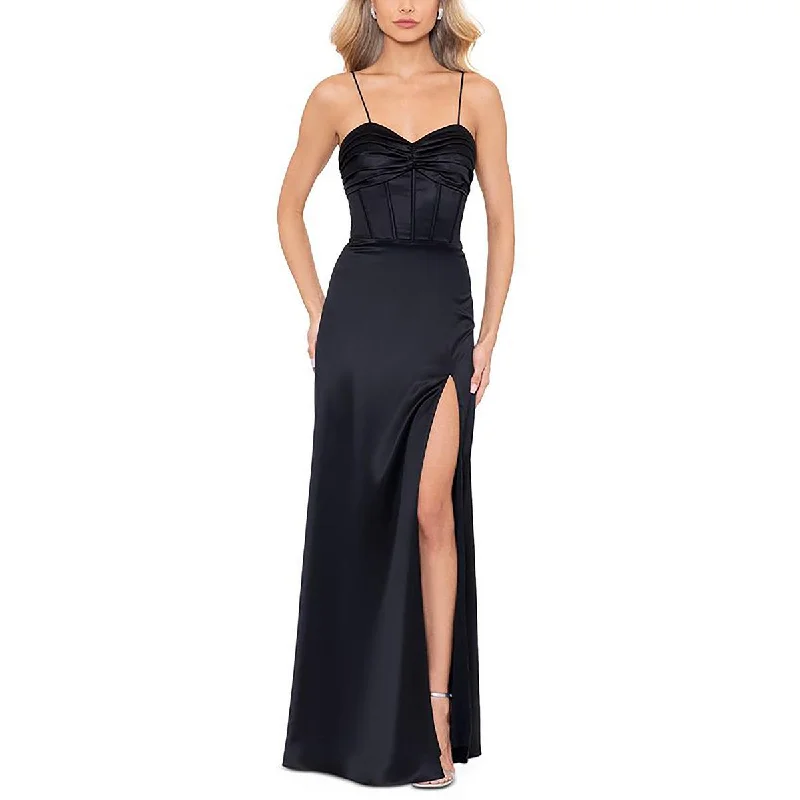 Juniors Womens Satin Lace-Up Evening Dress