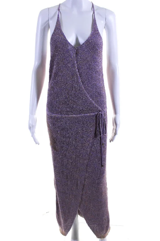 Knitss Womens Tie Back Knit Faux Wrap Midi Sheath Dress Lavender