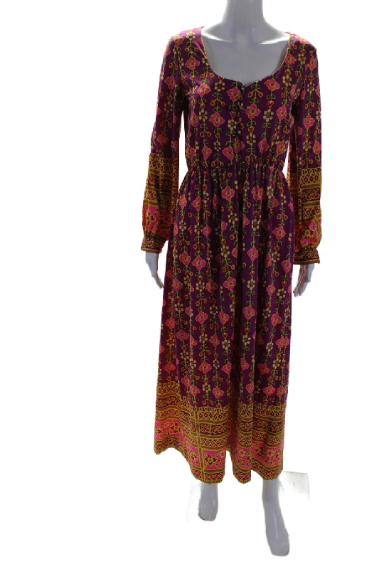 Oscar de la Renta Womens V Neck Long Sleeve Floral Maxi Dress Purple