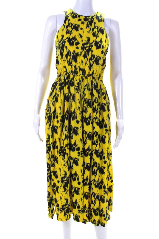 Yigal Azrouel Womens Printed Elastic Waist Midi A Line Dress Navy Yellow