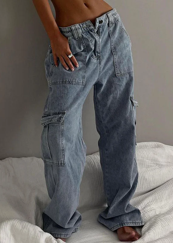 Stylish Blue Pockets Elastic Waist Patchwork Denim Wide Leg Pants Fall