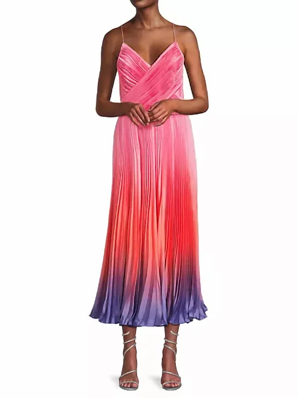 Fiji Pleated Midi Dress In Sunset Gradient