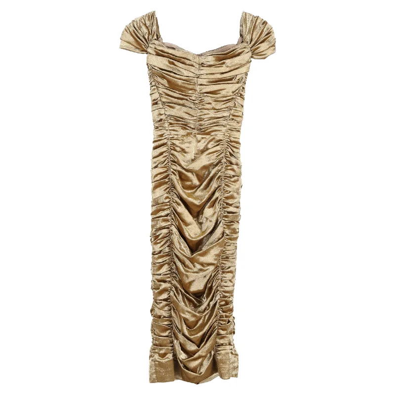 Dolce & Gabbana Ruched Midi Dress in Metallic Gold Silk