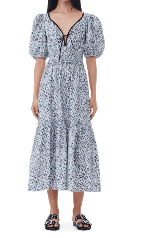 Printed Cotton Long Smock Dress In Glacier Lake