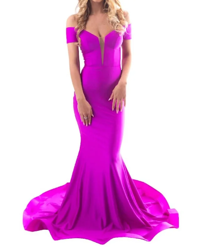 Long Train Plunging Neckline Dress In Fuchsia