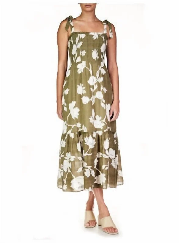 Smocked Midi Sundress In Olive