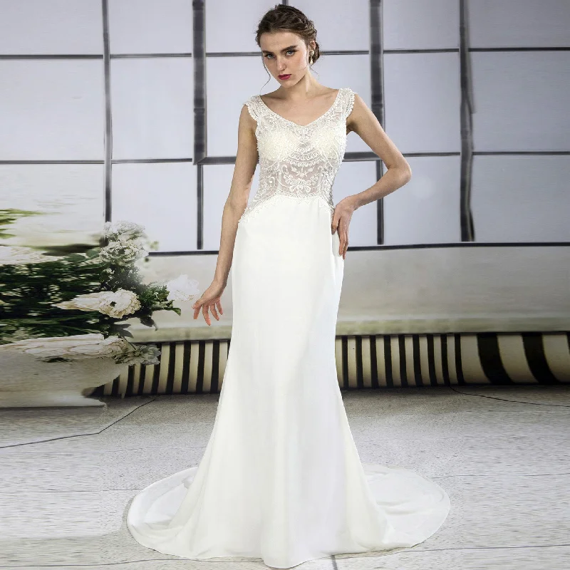 Modest Cap Sleeve Sheer Bodice Mermaid Wedding Dresses