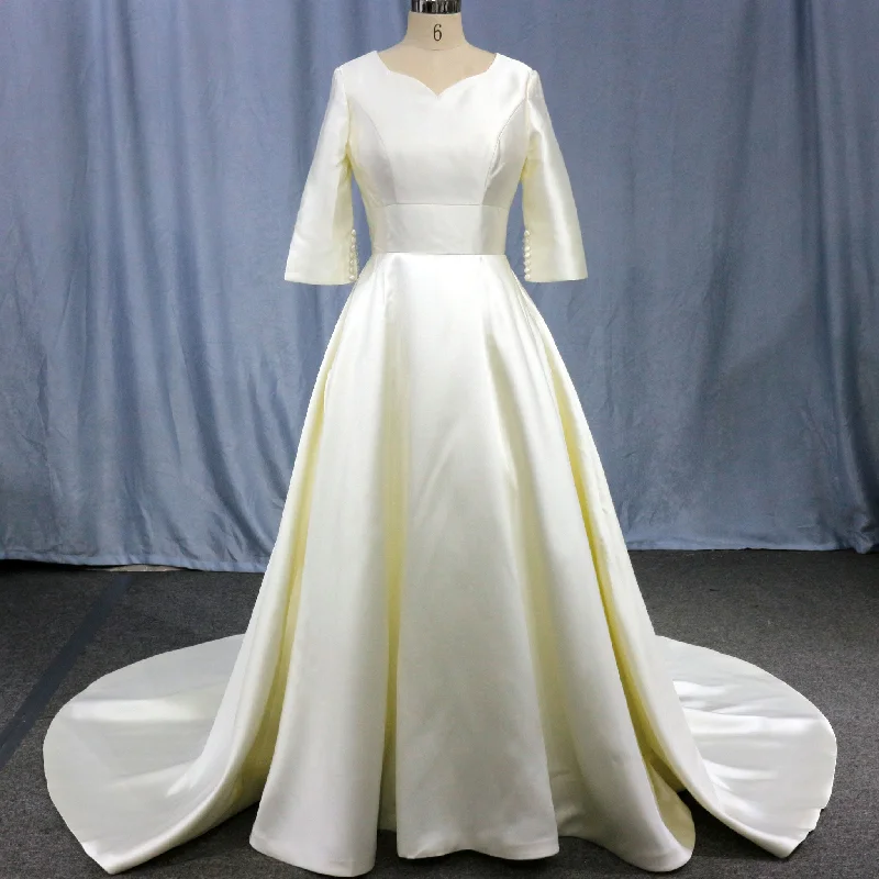 Simple Satin Half Sleeve Bridal Gown Quee Ann Wedding Dresses