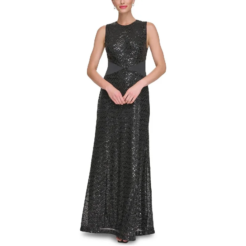 Womens Satin Inset Sequined Evening Dress