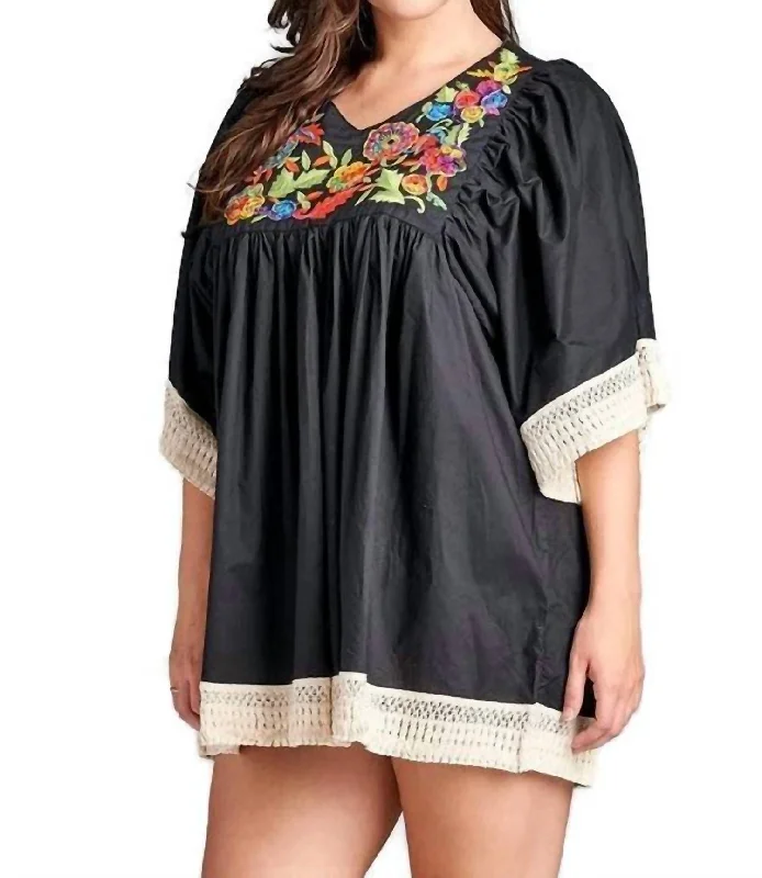 Embroidered Crochet Babydoll Mini Dress In Black