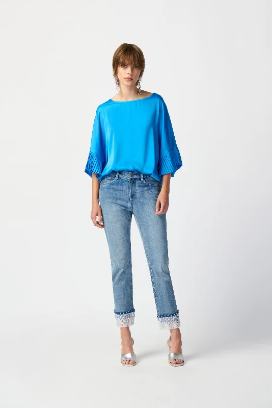 Joseph Ribkoff Satin Boxy Top with Statement Ruffle Sleeves