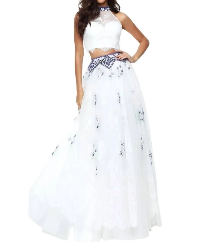 Two-Piece Keyhole Prom Dress In Ivory/royal