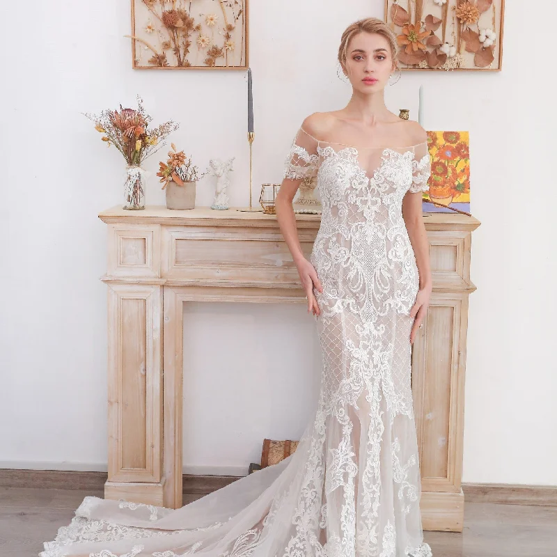 Mermaid Off The Shoulder Lace Wedding Dresses with Court Train