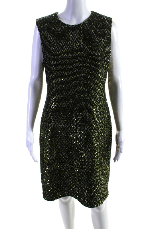 St. John Womens Embroidered Sequined Zipped Midi Sheath Dress Yellow