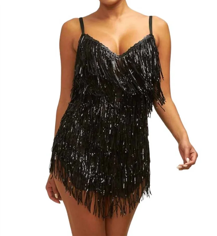 Sequin Fringe Mini Dress In Black