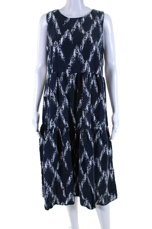 Badgley Mischka Womens Abstract Tiered Sleeveless Midi Dress Navy