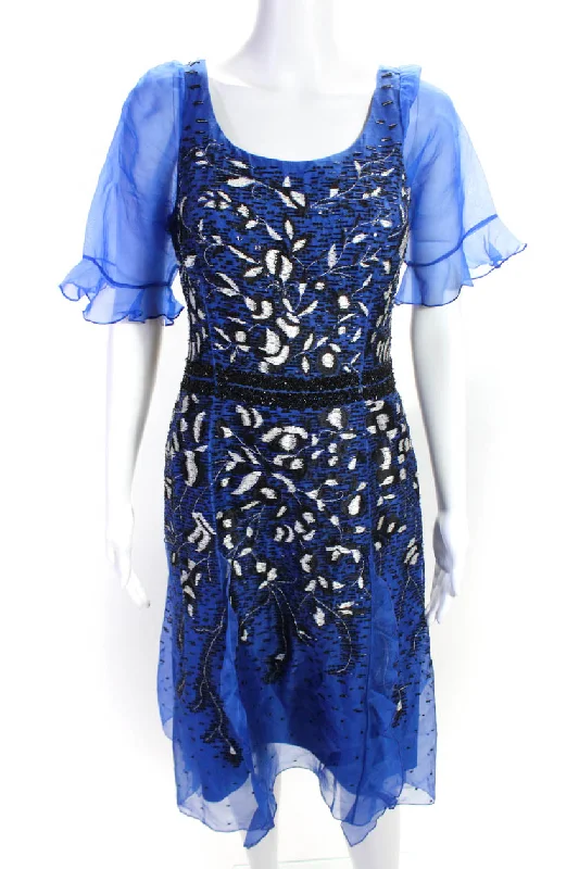 Carolina Herrera Womens Beaded Ruffled Hem Short Sleeve Midi Dress Blue