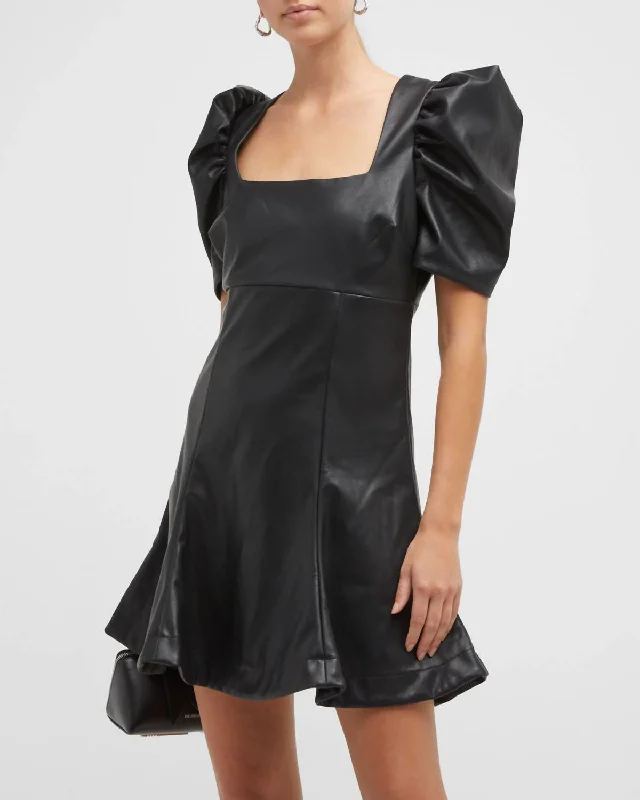 Alia Faux-Leather Puff-Sleeve Mini Dress In Black