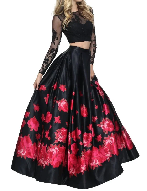 Two-Piece Floral Prom Dress In Black/red Print