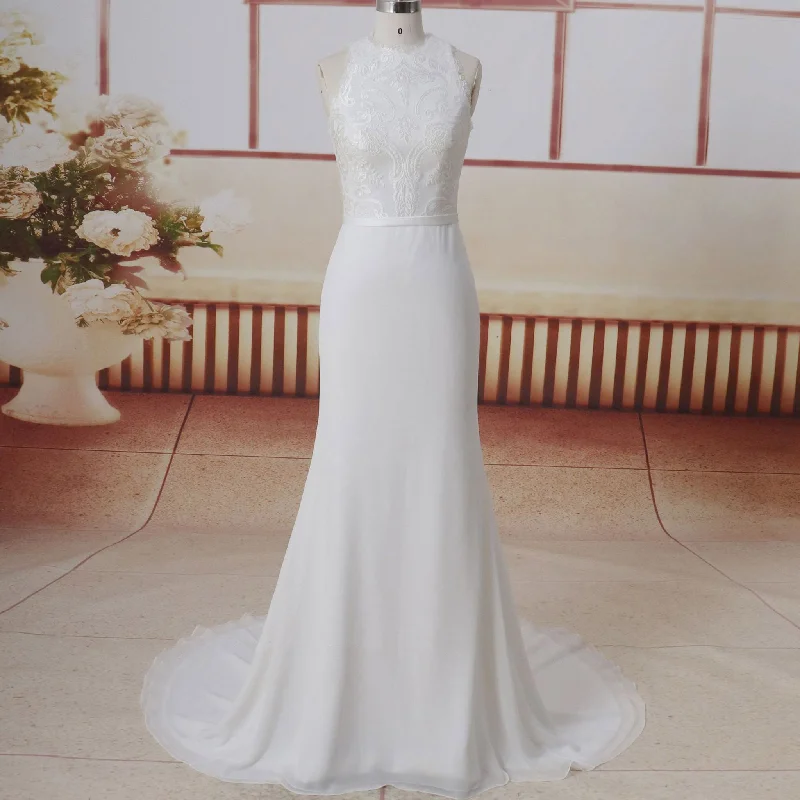 High O-neck Lace And Chiffon Mermaid Wedding Dress High-back