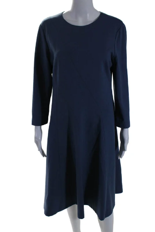 Lafayette 148 New York Womens Long Sleeve Midi A-Line Dress Steel Blue