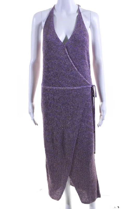 Knitss Womens Tie Back Knit Faux Wrap Midi Sheath Dress Lavender