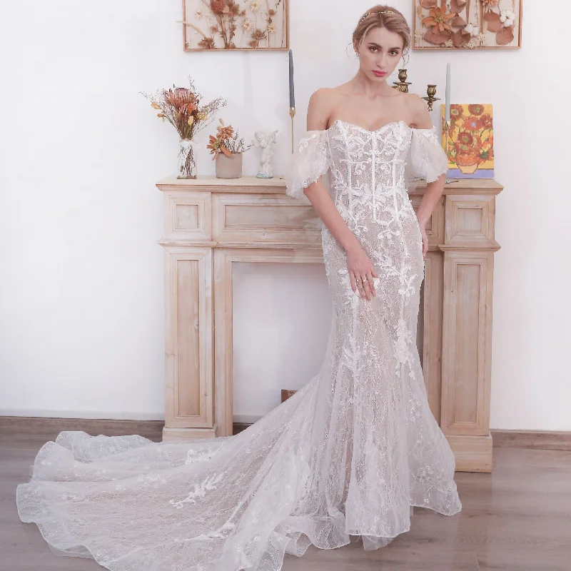 Off the Shoulder Sleeve Lace Mermaid Wedding Dress