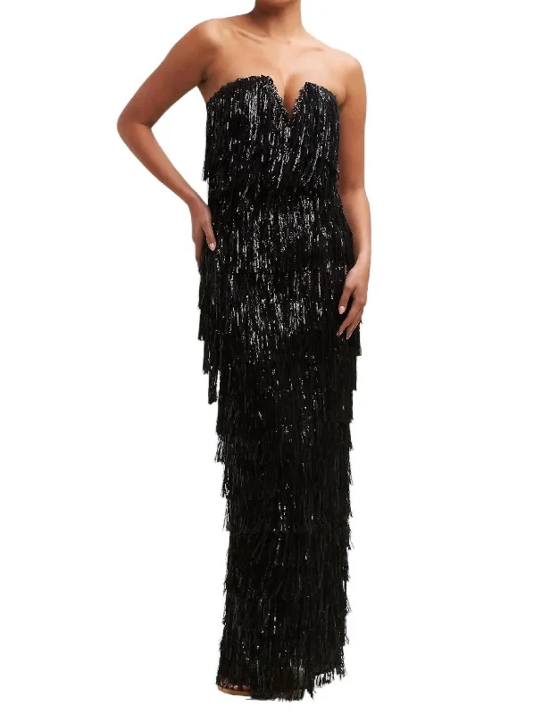 Sequin Fringe Maxi Dress In Black