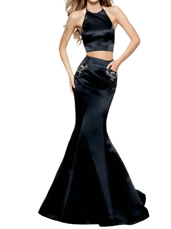 Satin Two-Piece Prom Dress In Black