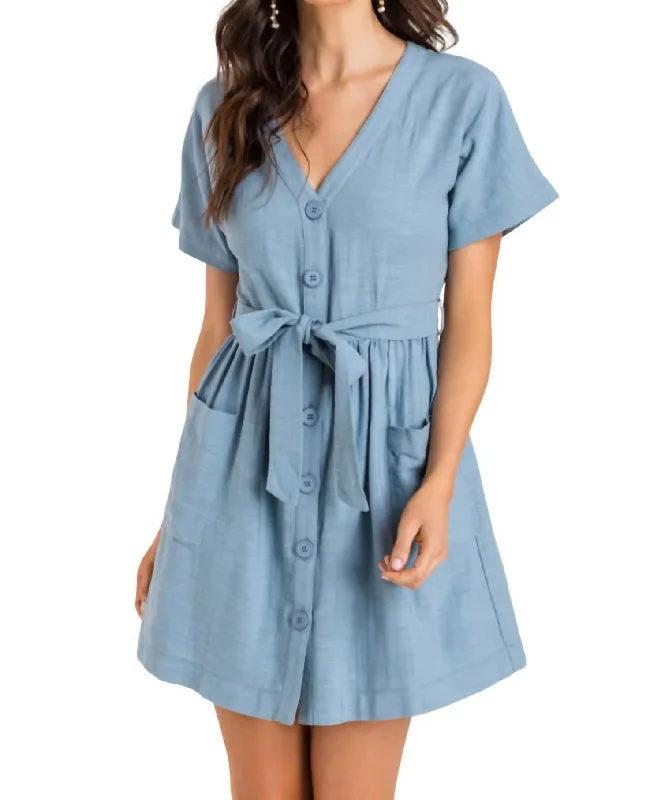 Button Tie Mini Dress In Blue