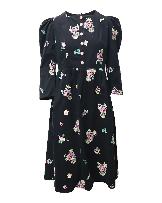 Batsheva Puff Sleeve Midi Dress in Black Floral Print Cotton