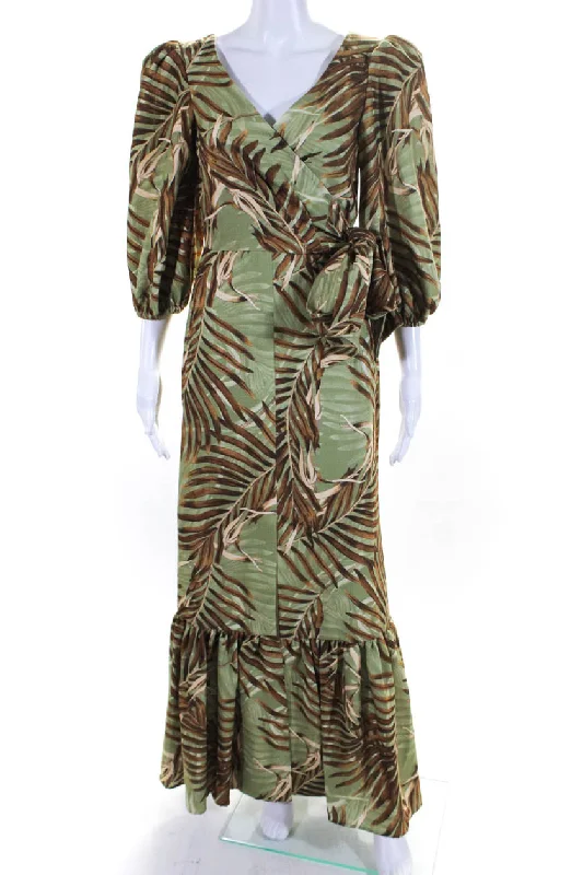 PatBO Womens Palm Print Puff Sleeve Midi A Line Dress Green Brown