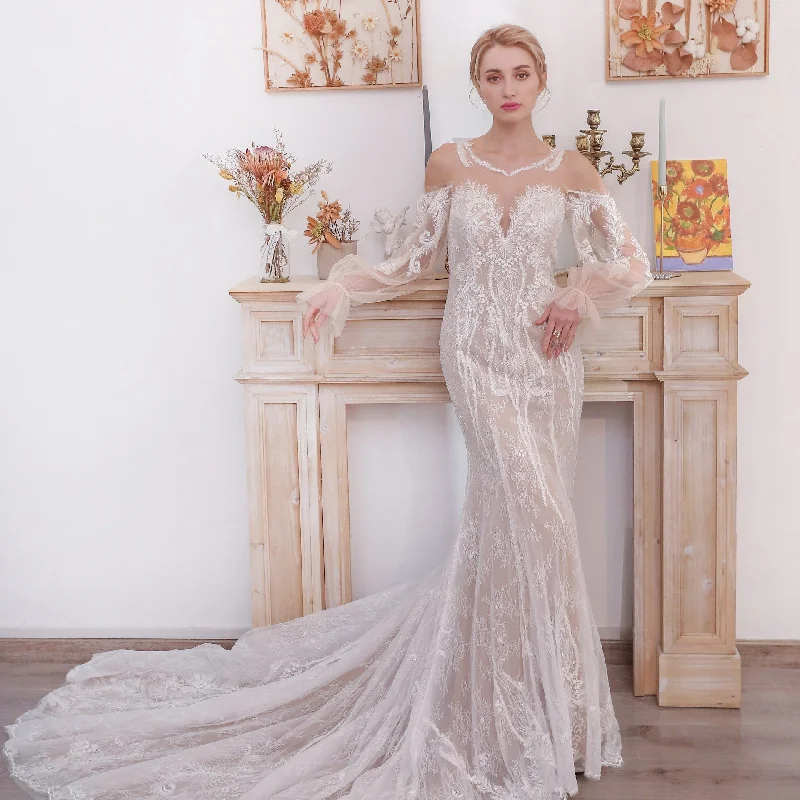 Boho Sleeves Mermaid Wedding Dresses With Long Train