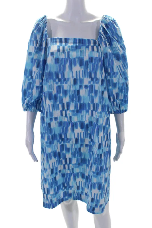 Marella Womens Cotton Spotted Print Square Neck A-Line Midi Dress Blue