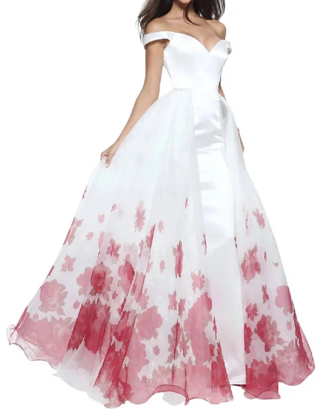 Satin Floral Prom Dress In Ivory/red Print