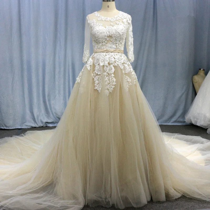 Sheer Ballgown Champagne Wedding Dresses & Gowns with 3/4 Sleeves