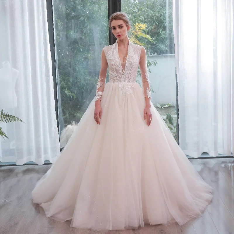 Plunging Neckline Ballgown Wedding Dress with Long Sleeves